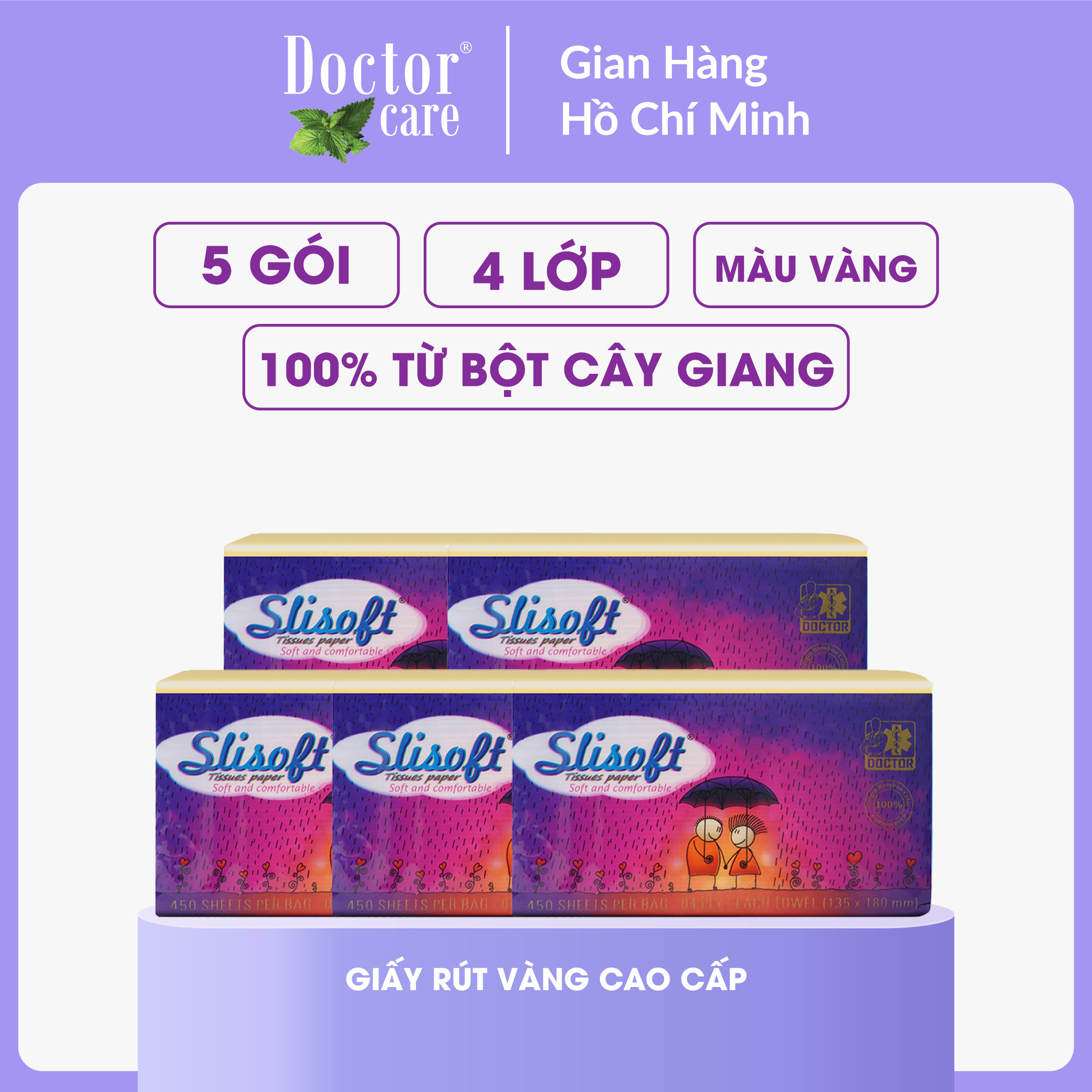 Combo 5 Giấy ăn Slisoft Vàng x 450 tờ Đa Năng, Khăn Giấy Rút Không Chất Tẩy Trắng An Toàn Cho Cả Gia Đình