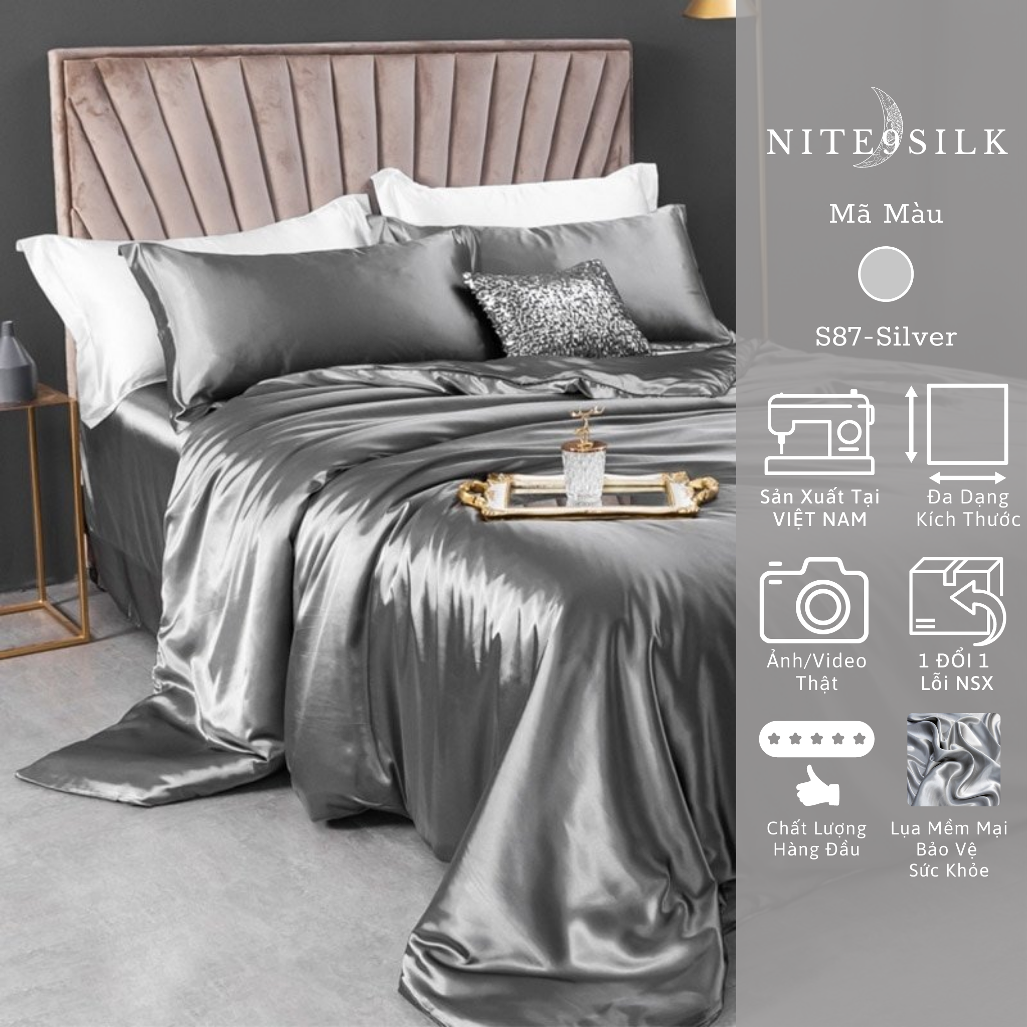 Bộ Chăn Ga Gối Lụa Bảo Vệ Giấc Ngủ - Chăn Ga Giường - Màu Xám Bạc - Nite9 Silk