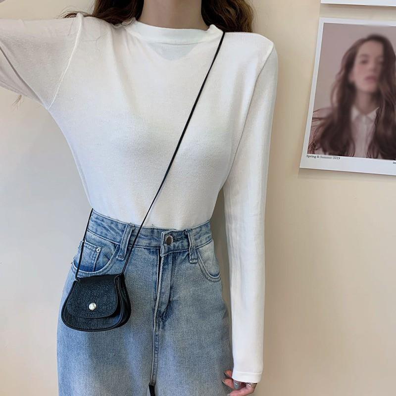 Áo Thun Tay Dài Cổ Tròn Màu Trơn Thiết Kế Đơn Giản Dành Cho Nữ