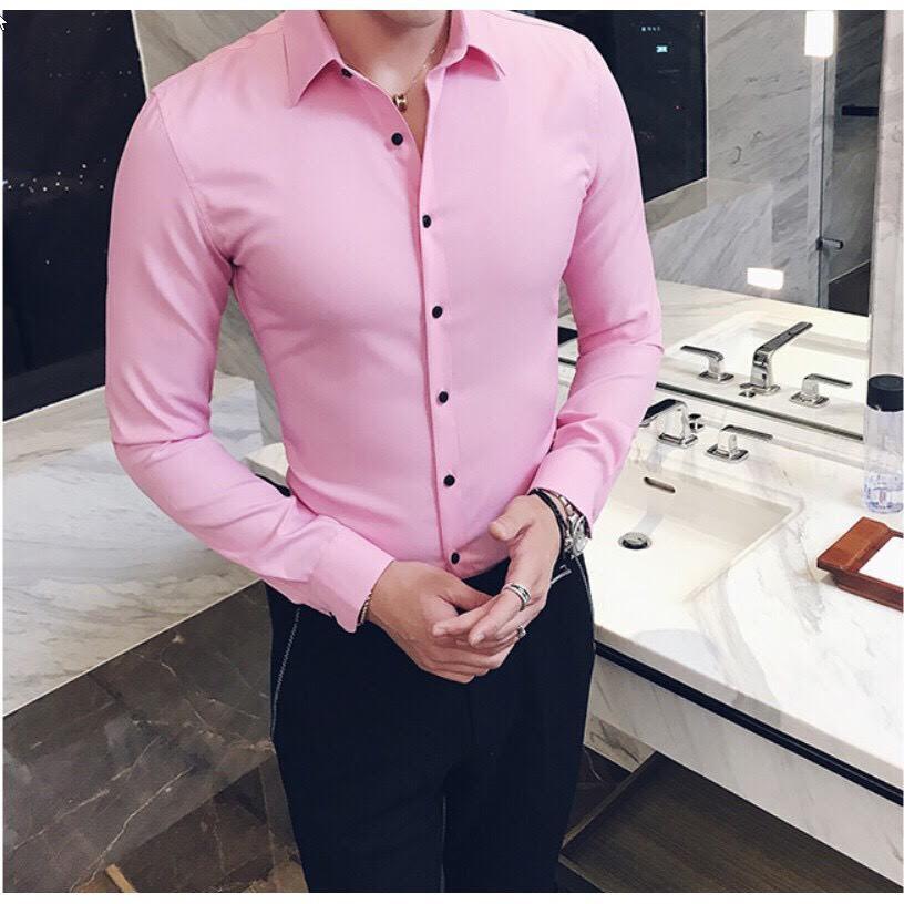 Áo sơ mi nam màu Hồng,Áo sơ mi nam dài tay cổ bẻ vải cotton lụa thái chống nhăn chống xù cực sang trọng