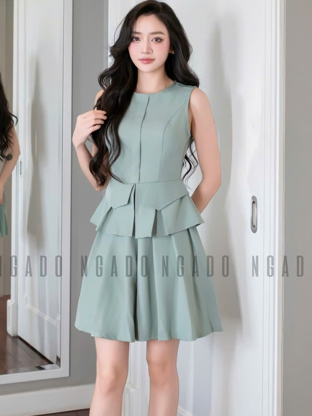 Set áo váy xanh mint xếp ly NGADO , set áo váy ngắn , set áo váy nữ , set công sở
