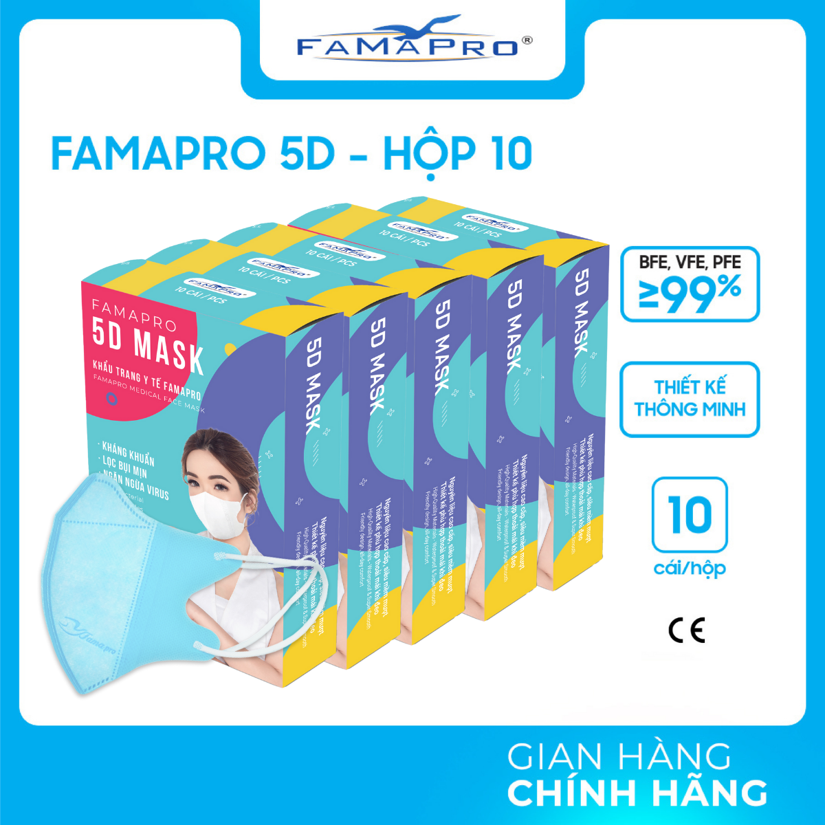 [HỘP - FAMAPRO 5D MASK] - Khẩu trang y tế kháng khuẩn 3 lớp Famapro 5D Mask (10 cái/ hộp) - COMBO 5 HỘP