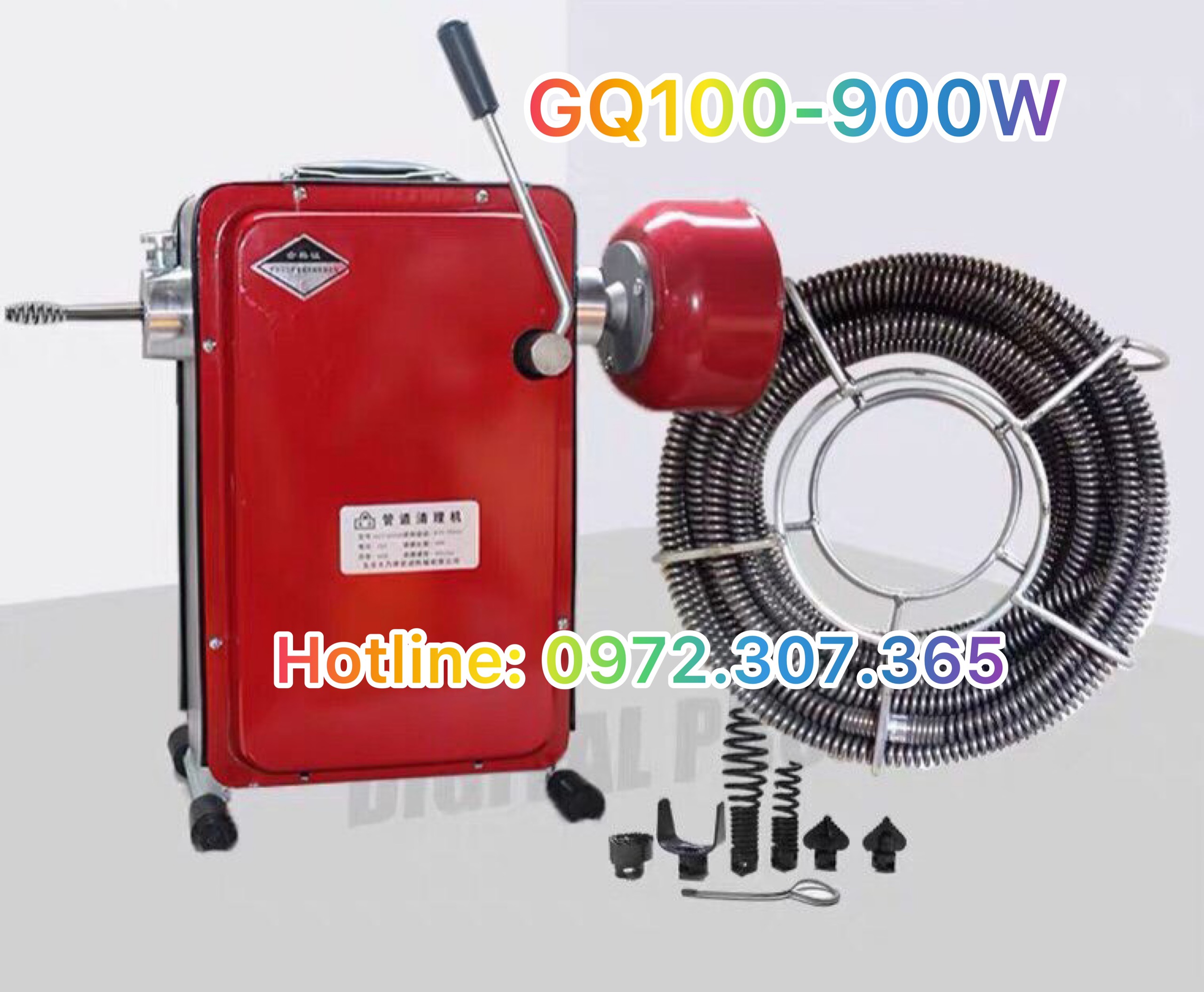 Máy thông tắc cống GQ100-1000w tặng kèm cuộn dây lò xo phi 16 dài 15m và 4m mét cuộn dây lò xo phi 8