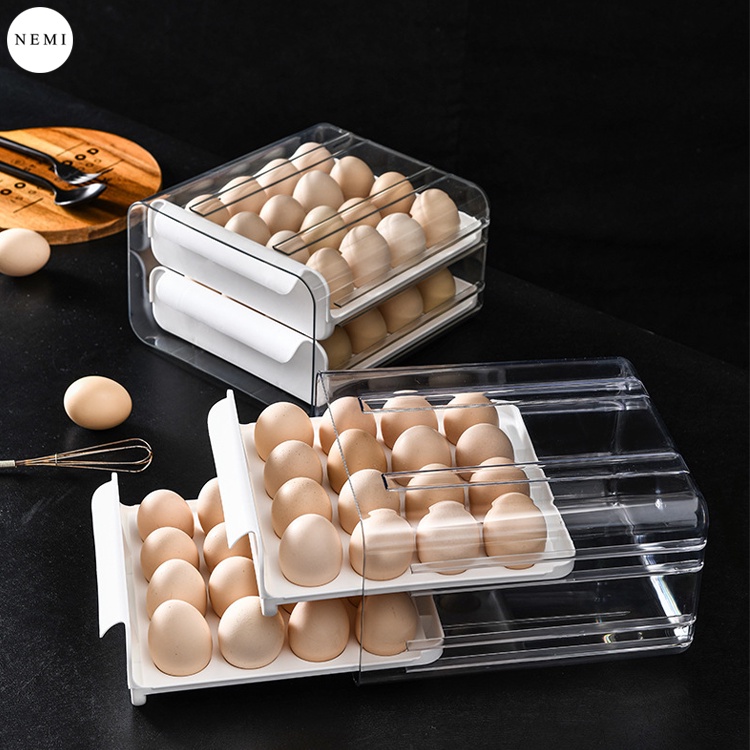 Hộp nhựa thoáng khí đựng trứng 2 tầng kiểu dáng ngăn kéo thiết kế trong suốt quan sát dễ dàng bên trong hộp - Khay đựng trứng 2 tầng 32 ô bằng nhựa để trong tủ lạnh