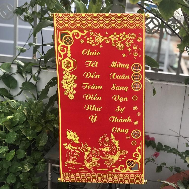 Liễng trang trí tết in chữ Việt Nam làm từ vải nhung đẹp khổ 35*60cm