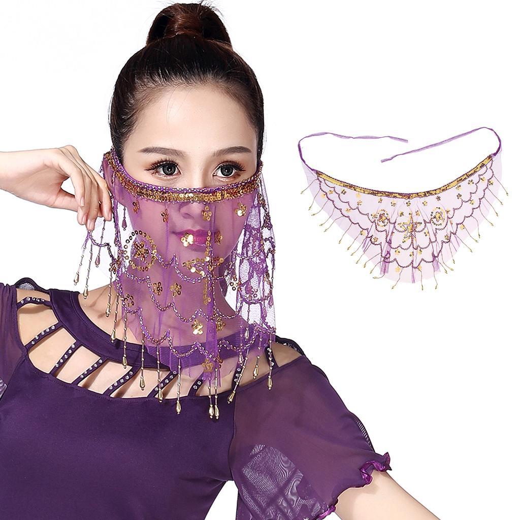2 pieces Lady Belly Dance Beaded Sequins Face Halloween Costume Accessory