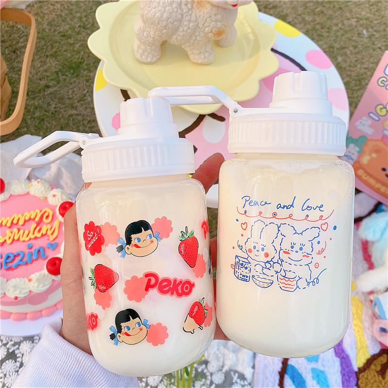 Dễ Thương Dâu Tây Bình Nước Thủy Tinh Có Ống Hút Di Động Chống Rò Rỉ Dành Cho Trẻ Em Chai Cho Trường Uống Rõ Ràng Sữa Sippy Cup
