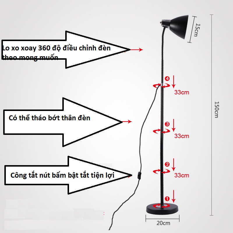 Đèn cây đứng sang trọng xoay 360 di chuyển tiện lợi khắp nơi tháo lắp nhỏ gọn không kèm bóng đèn