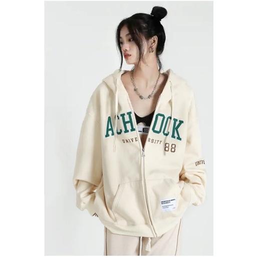 Áo khoác Zip dây kéo thêu chữ ACHOCK màu be
