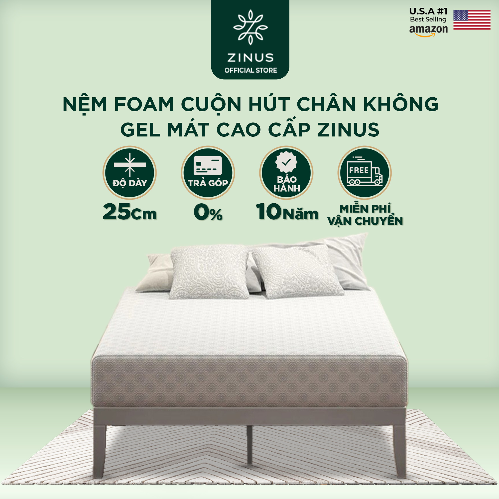 Nệm foam cuộn hút chân không Gel Mát cao cấp Zinus - Gel-Infused Foam Mattress 25cm