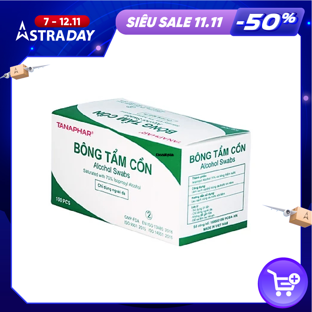 COMBO Hộp 100 Miếng Bông Tẩm Cồn Khô Sát Trùng + 01 chai nước muối sinh lý 500ml ( Tặng 05 túi zipper 12x17cm )