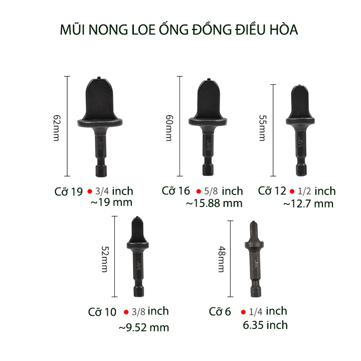 Mũi loe ống đồng điều hòa gắn máy khoan cầm tay, cỡ 6-10-12-16-19mm tùy chọn