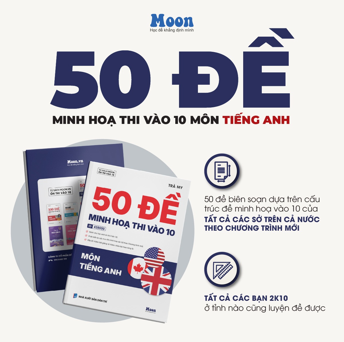 50 đề chinh phục kì thi vào 10 môn Tiếng Anh, sách ôn thi vào 10 Moonbook