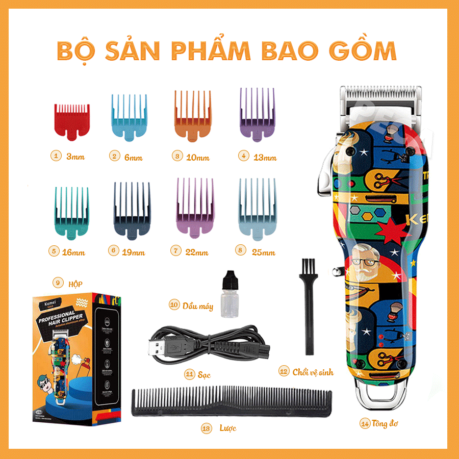 Tông đơ cắt tóc không dây chuyên nghiệp Kemei KM-MAX2092 công suất mạnh, sạc nhanh USB, pin trâu Tặng kèm bộ 8 cữ lược căn độ dài và phụ kiện đầy đủ - Hàng chính hãng