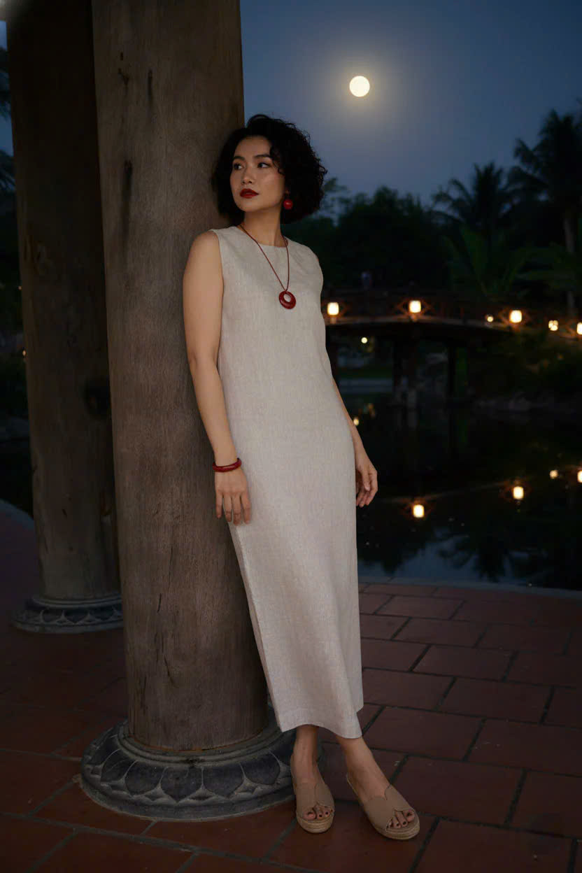 Đầm Suông Xẻ Tà Linen Lanh thời trang thiết kế Hity Dre223