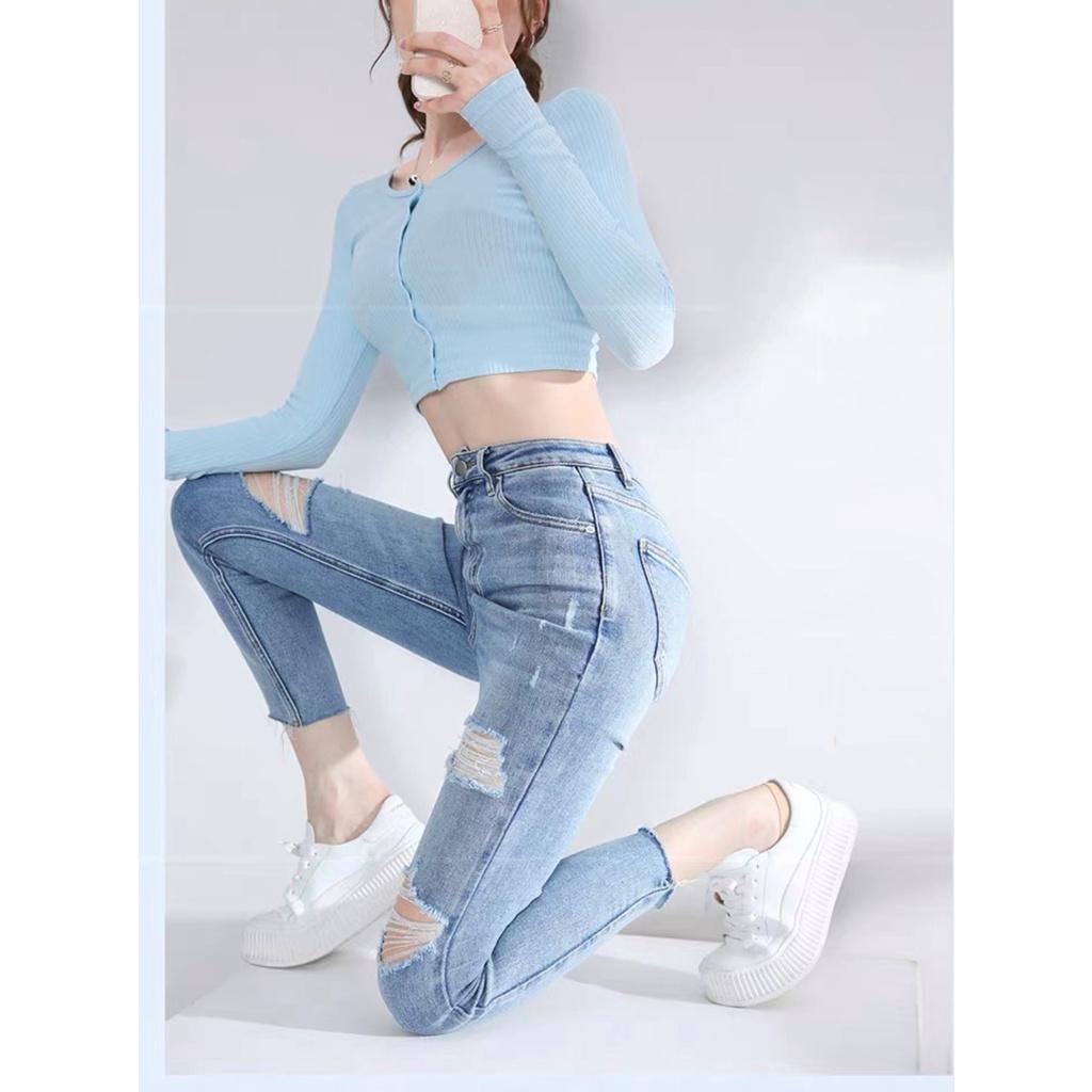 Quần jean nữ Big Size 9 tấc rách xanh nhạt rách nhiều dành cho người béo 4330 MLJ