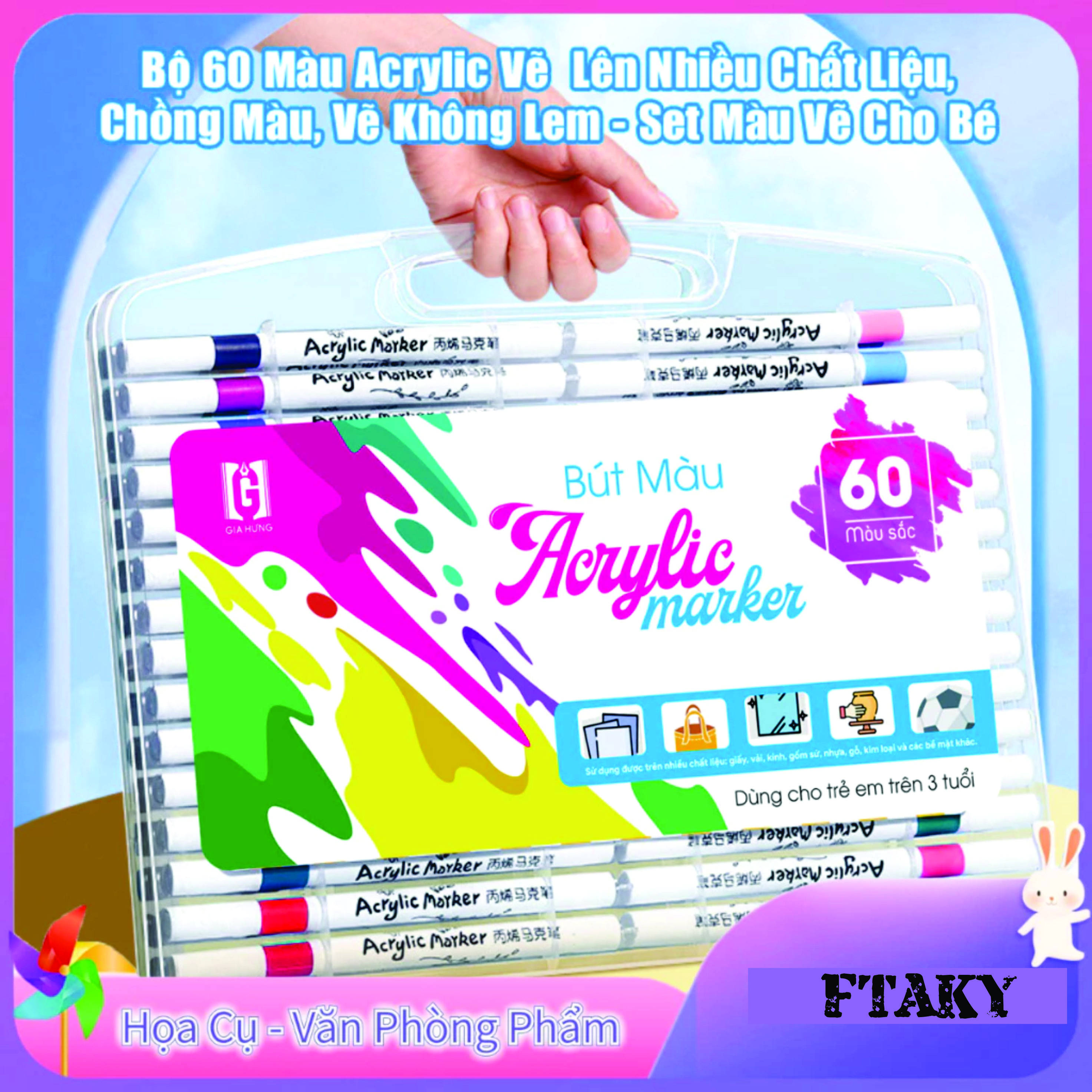 Bút Màu Acrylic Marker 60 màu Vẽ Trên Mọi Chất Liệu Vẽ Chồng Màu, Màu Sắc Tươi Sáng