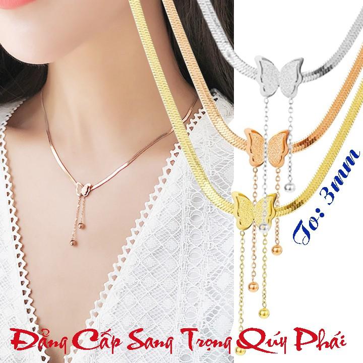 Dây chuyền mì dẹp titan có mặt Hồ Điệp rớt bi cách điệu siêu đẹp, bền màu, hợp thời trang, dễ phối đồ