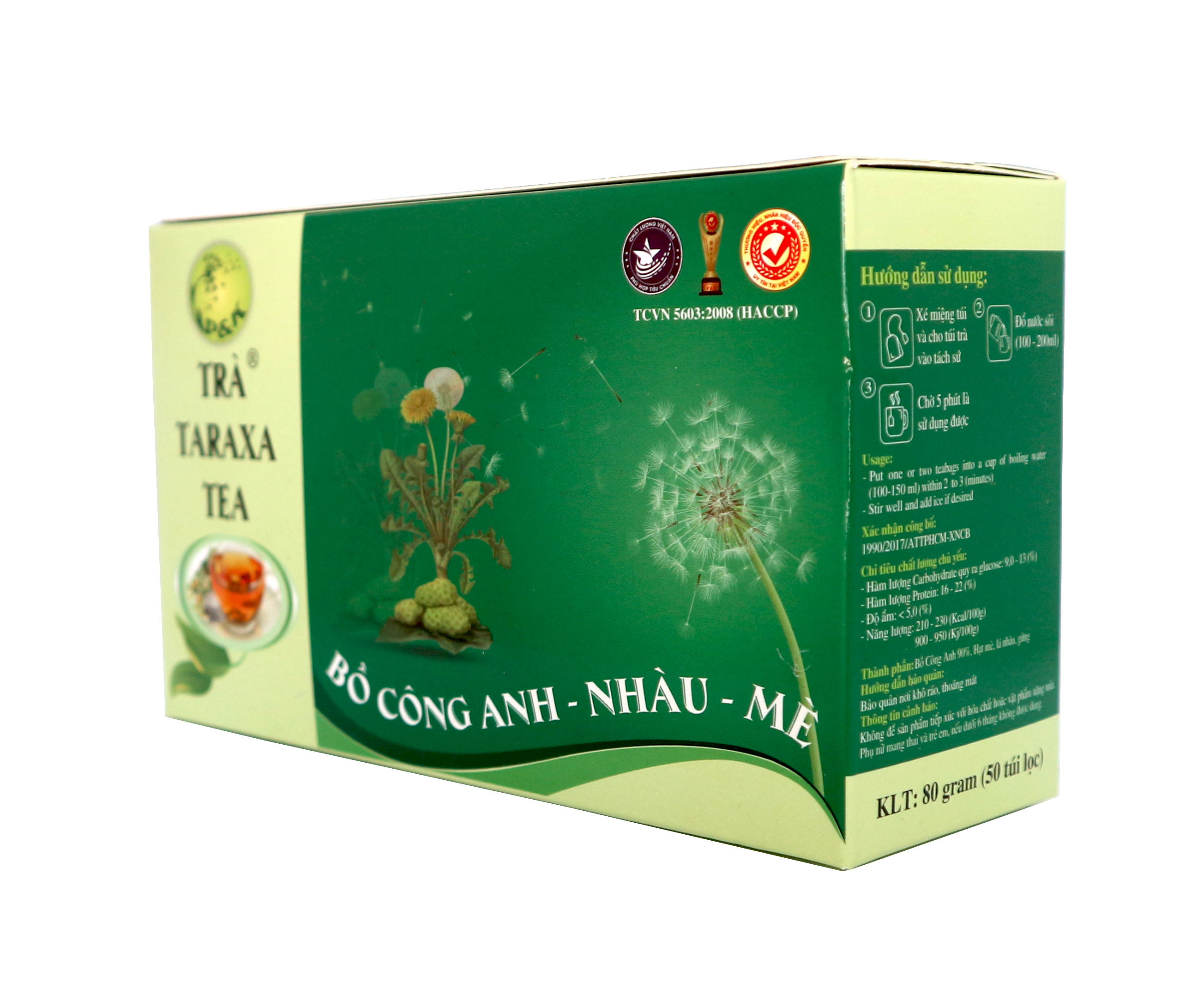 Trà Taraxa Tea BỒ CÔNG ANH - NHÀU - MÈ P&amp;K (50 túi lọc) - Giải độc, Ngừa viêm khớp, đau nhứt, hạ cholesterol + Tặng kèm móc khoá CLĐ