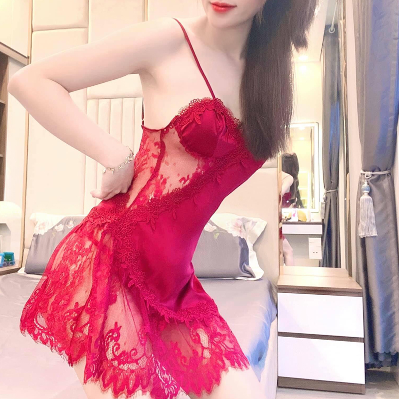 Váy ngủ hai dây phối ren sexy Q76 - Đầm ngủ lụa cao cấp - Đồ ngủ nữ