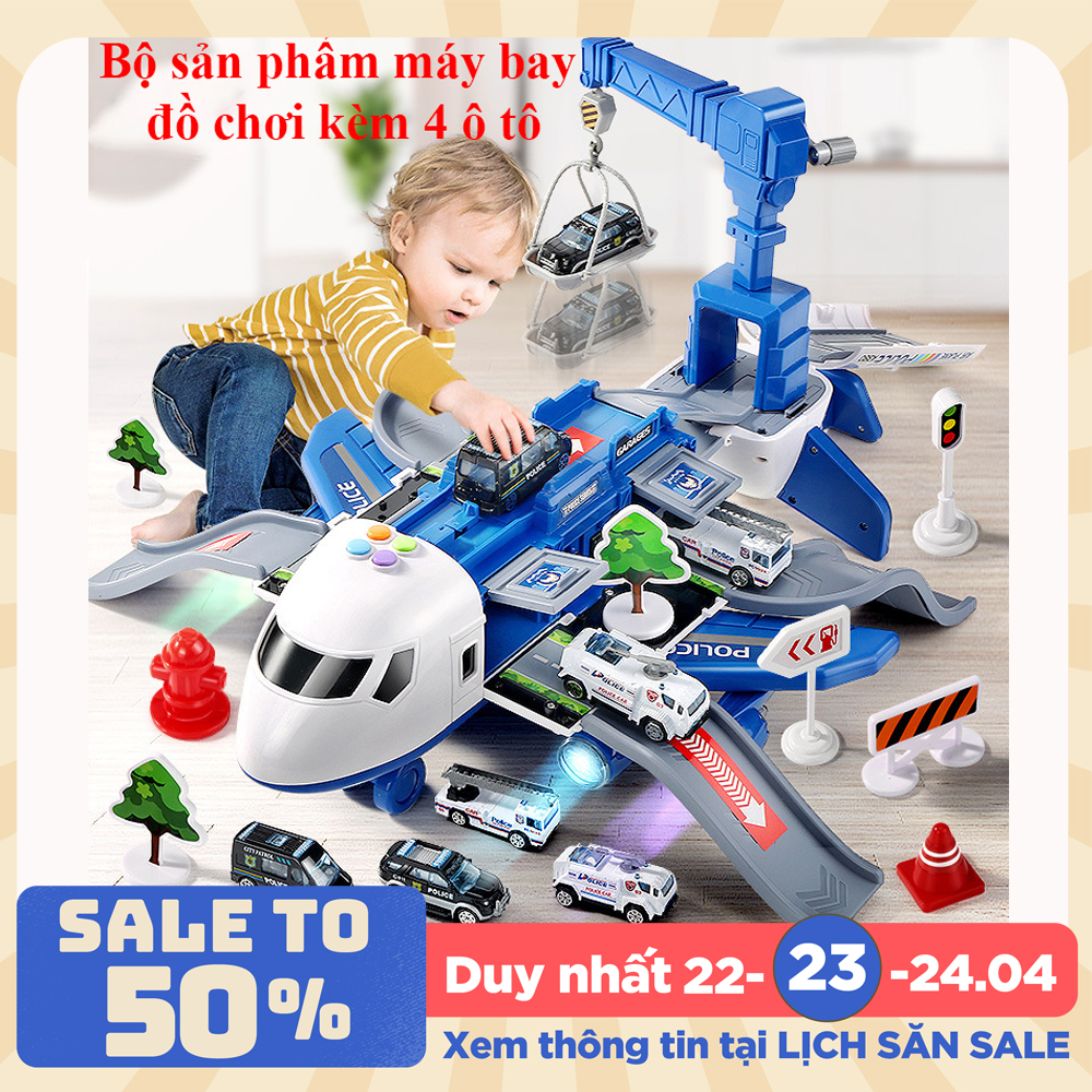 Bộ đồ chơi máy bay KAVY chở đồ kèm 4 xe cảnh sát bằng kim loại, có giàn cẩu, thang trượt, biển báo đa chức năng chạy pin