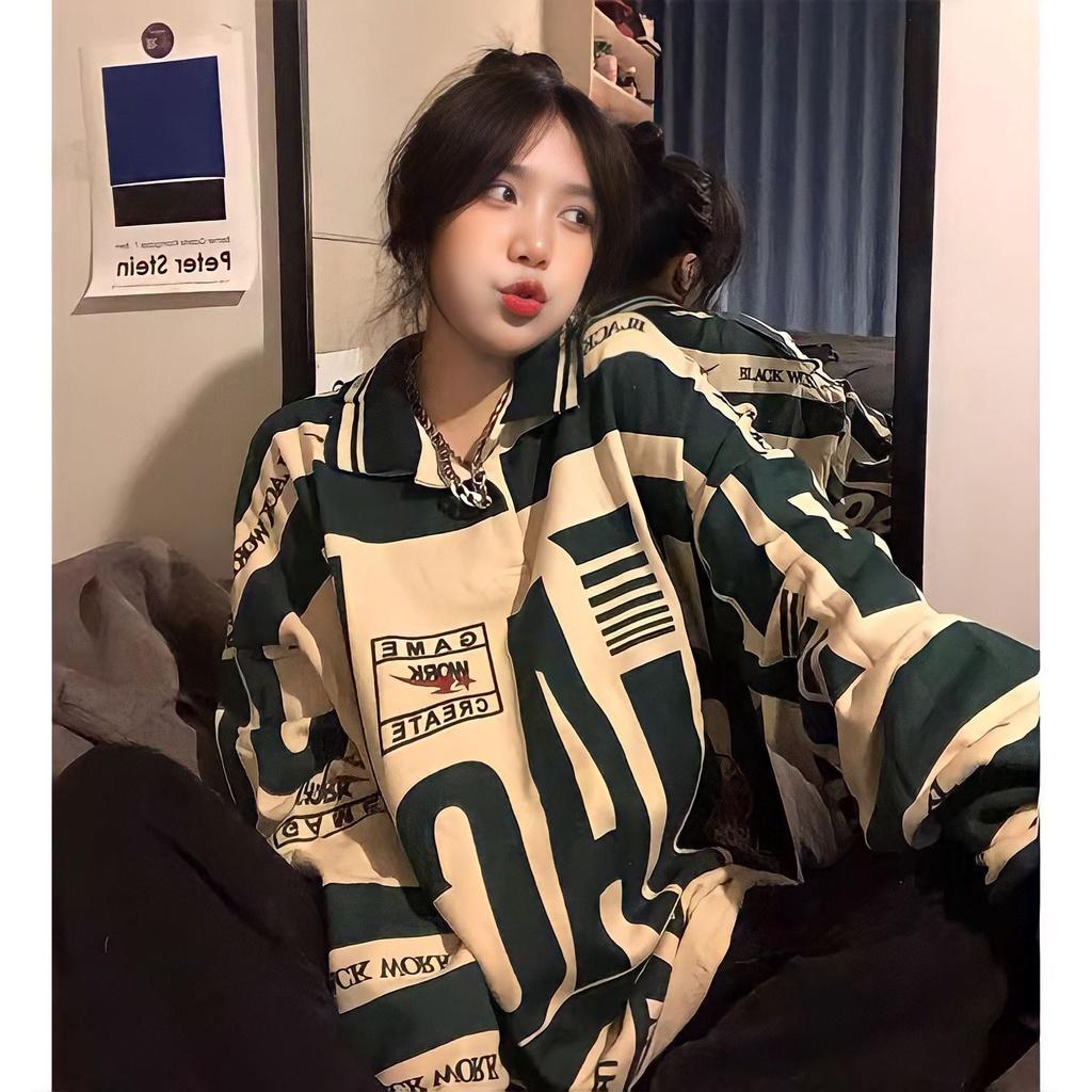 Áo Sweater Cổ Polo Dài Tay In Chữ BLACK WORK Phối Màu Xanh Be Dáng Rộng Basic