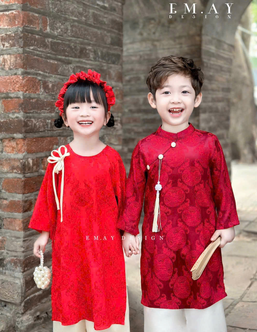 Bộ áo dài cho bé trai bé gái diện đôi mẫu Phú quý An khang đón xuân năm mới từ 10-40kg vải gấm cực mềm