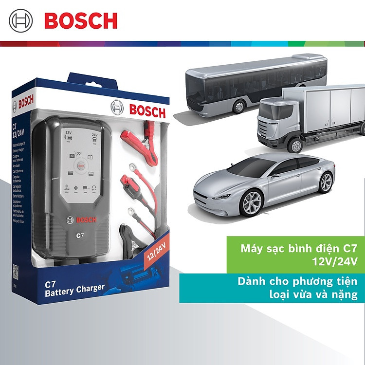 Máy Sạc Bình Điện Cho Ô Tô Xe Tải BOSCH C7 (12V – 24V) – 06 Chế Độ Sạc