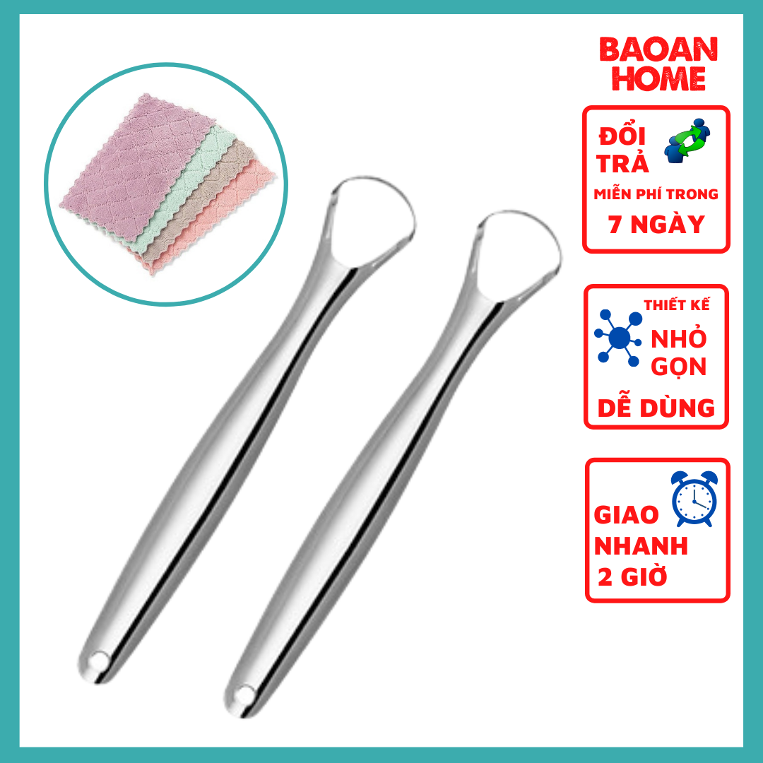 Bộ cạo lưỡi bằng inox 304 sáng bóng cao cấp hỗ trợ làm sạch bề mặt lưỡi tặng kèm khăn đa năng 2 mặt BaoAn hàng chính hãng