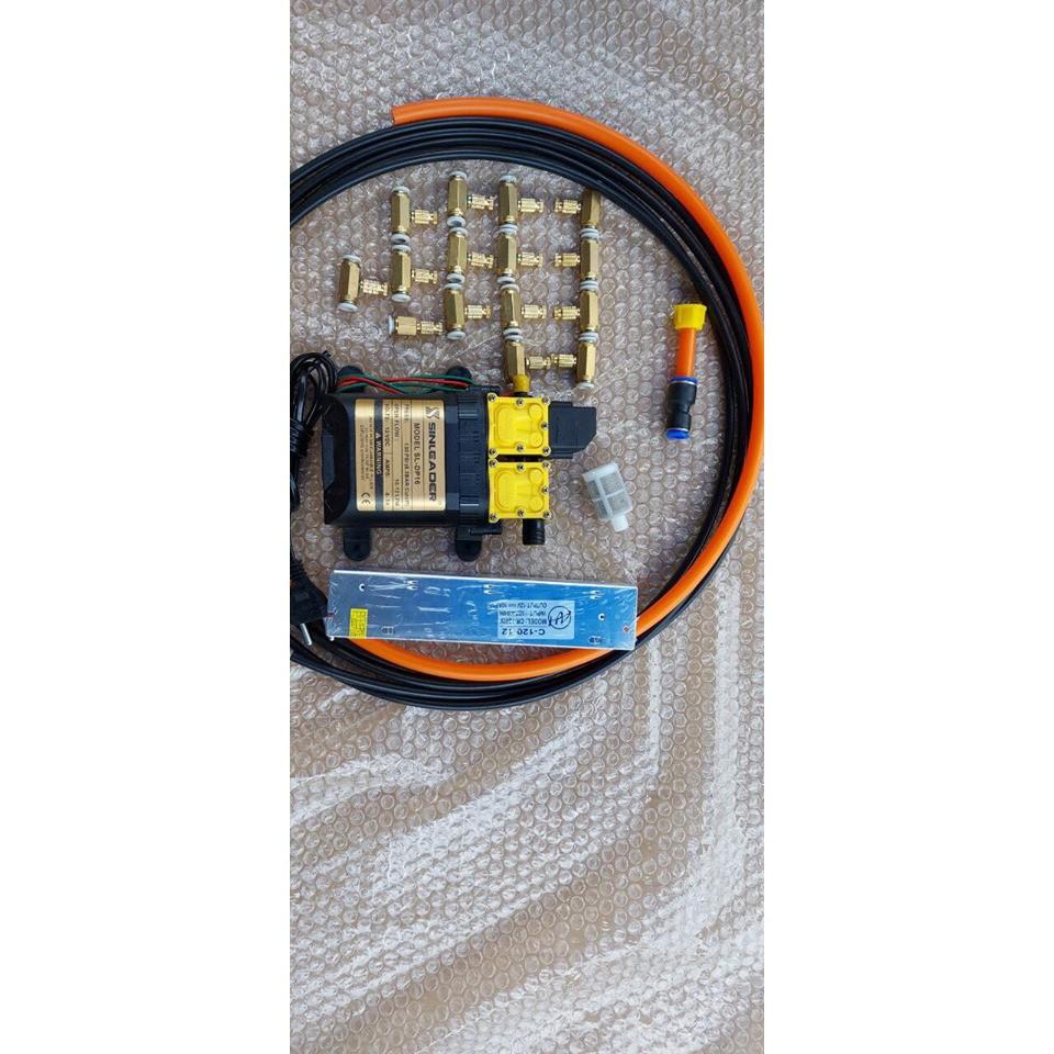 Bộ bơm phun sương 15 béc đồng sử dụng bơm đôi SINLEADER 12V nguồn tổ ong 12V10A 15béc đồng 20M dây phun sương 1M dây hút
