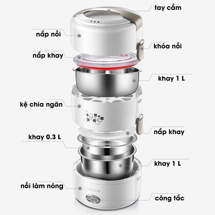 Hộp cơm văn phòng giữ nhiệt cắm điện Yoice tròn trắng 3 tầng khay inox dung tích 2l hâm nóng cực nhanh - HÀNG CHÍNH HÃNG