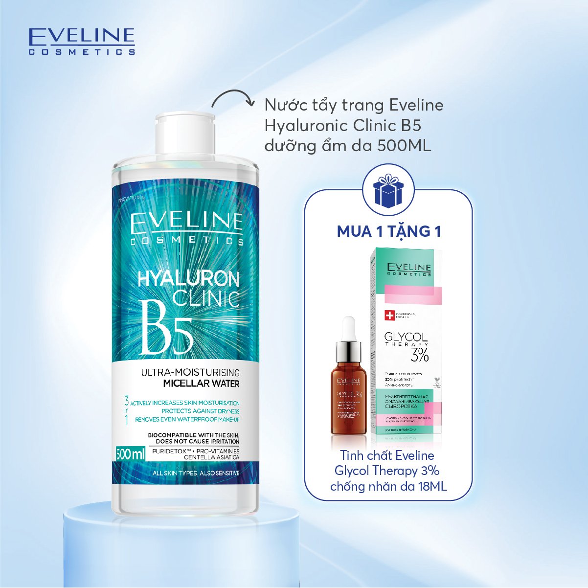 [ Tặng serum dưỡng da 3%] Nước tẩy trang Eveline Hyaluron Clinic B5 dưỡng ẩm 3 trong 1 - chai 500ML
