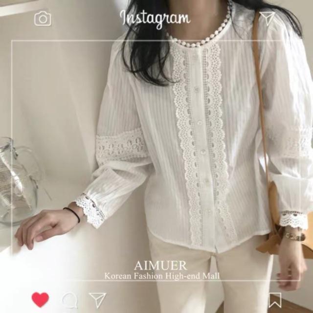 Áo Sơ Mi Nữ Cổ Tròn Viền Ren Tay Bồng Ullzzang