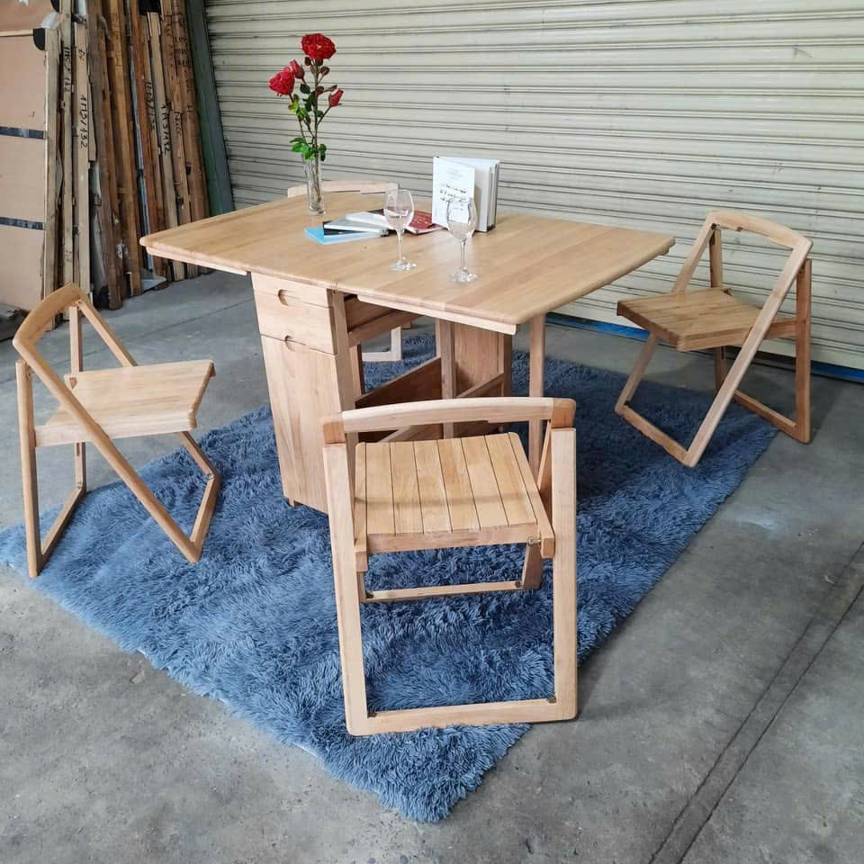 Bàn ăn gấp gọn gỗ cao su 4 ghế Tundo