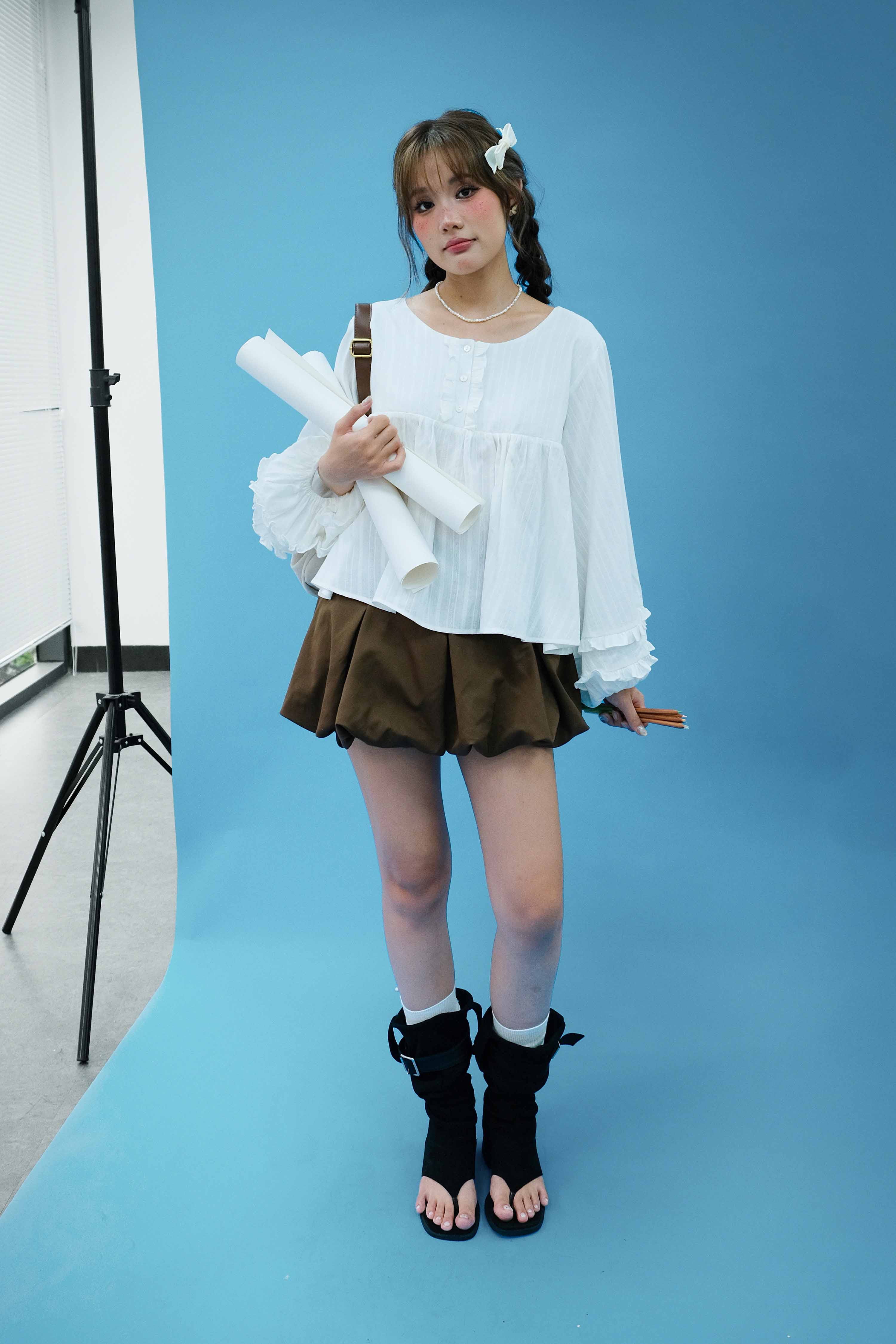 DOTTIE - Áo tay phồng phối bèo - Trắng kem - T1124