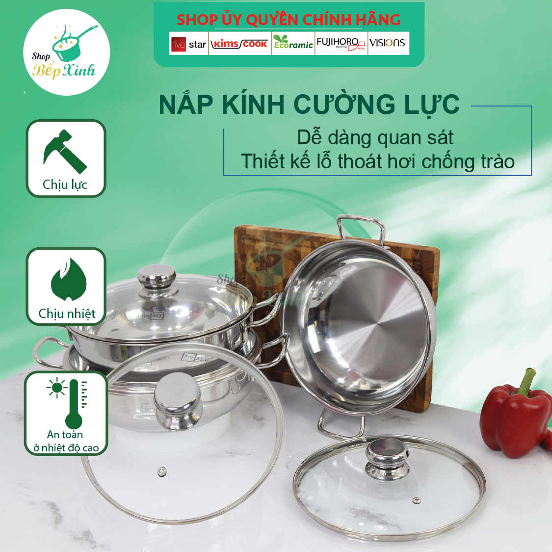 Nồi lẩu um xào 3 đáy inox 430 Fivestar bếp từ nắp kính tặng 5 muỗng ăn inox ( 24cm / 26cm / 28cm )