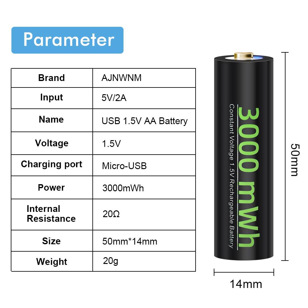 AJNWNM 1.5V USB AA Pin có thể sạc lại 3000mWH 1,5V Pin lithium AA cho máy ảnh đèn pin Đồ chơi điều khiển từ xa với USB C