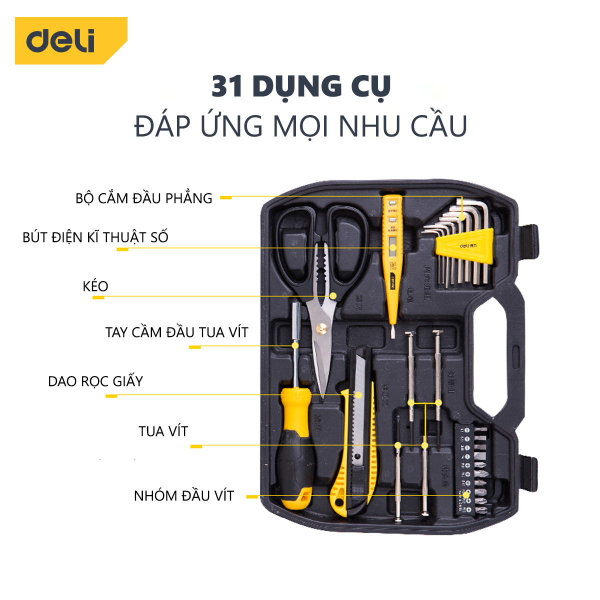 Bộ Dụng Cụ Sửa Chữa Đa Năng 31 Chi Tiết Deli Cao Cấp - Sử Dụng Nhiều Mục Đích, Tiện Dụng Cho Mọi Gia Đình - DL5972