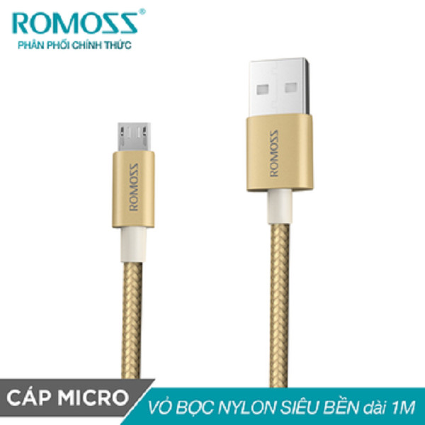 Cáp sạc nhanh micro USB bọc Nylon Romoss dài 1m (Vàng) - Hàng chính hãng