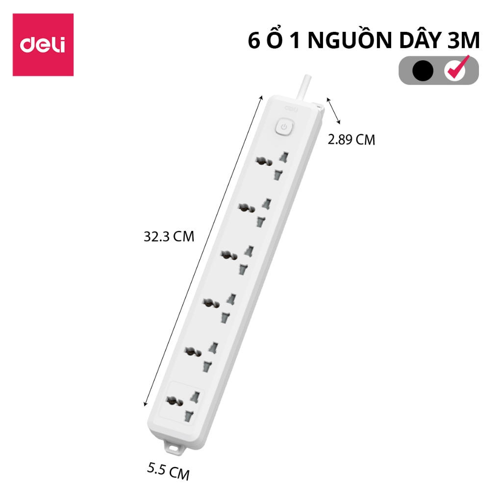 Ổ Cắm Điện Mẫu Mới 2025 Deli Ổ ĐIện Đa Năng Chống Cháy Nổ 2500W Cổng Sạc USB/ TypeC Thông Minh