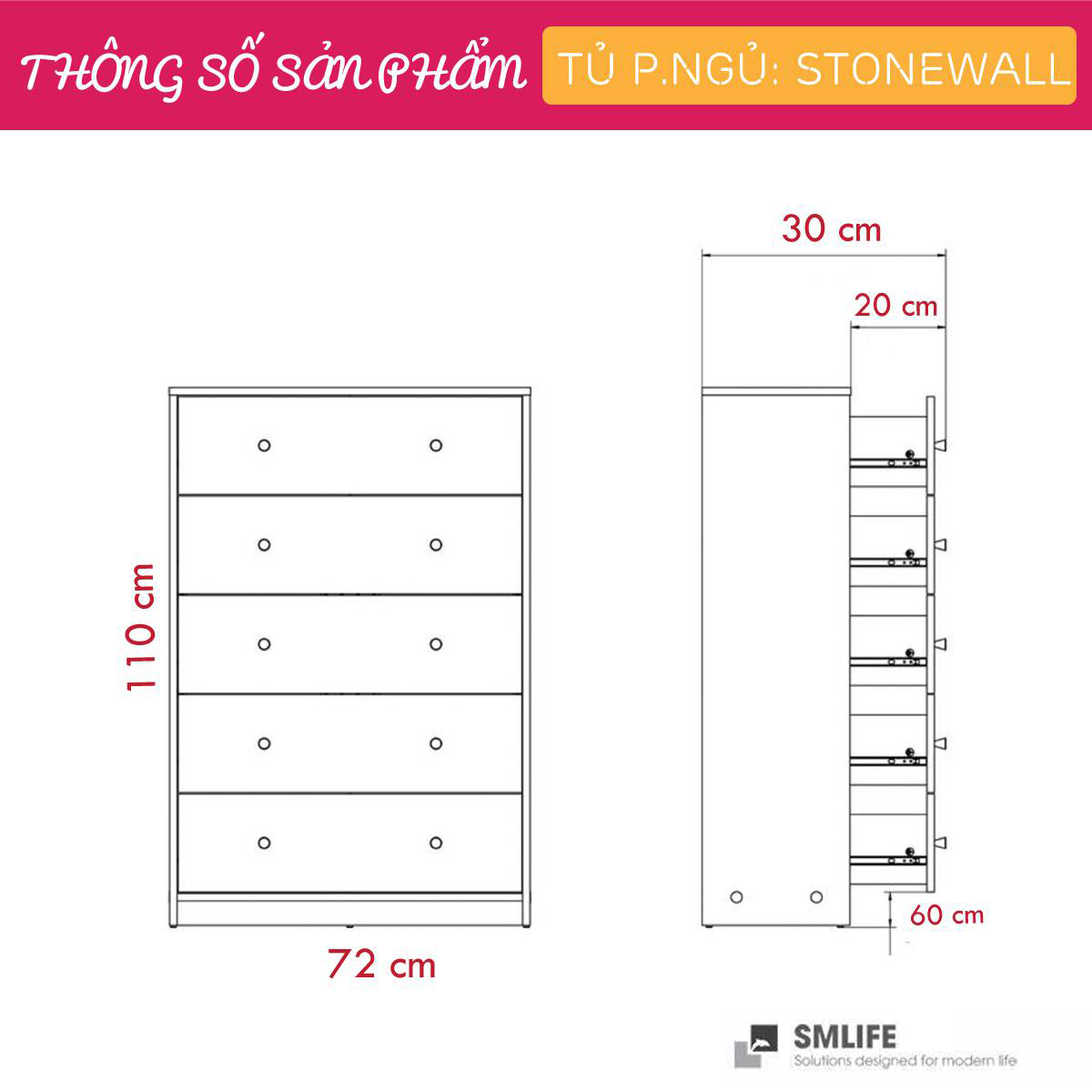 Tủ phòng ngủ gỗ hiện đại SMLIFE Stonewall | Gỗ MDF dày 17mm chống ẩm | D72xR30xC110cm