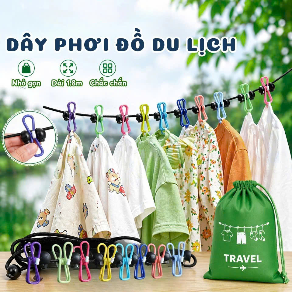 Dây Phơi Đồ Du Lịch Co Giãn 1.8m Kèm 12 Kẹp, Dây Phơi Quần Áo Du Lịch Gấp Gọn Treo Cắm Trại - HÀNG CHÍNH HÃNG MINIIN