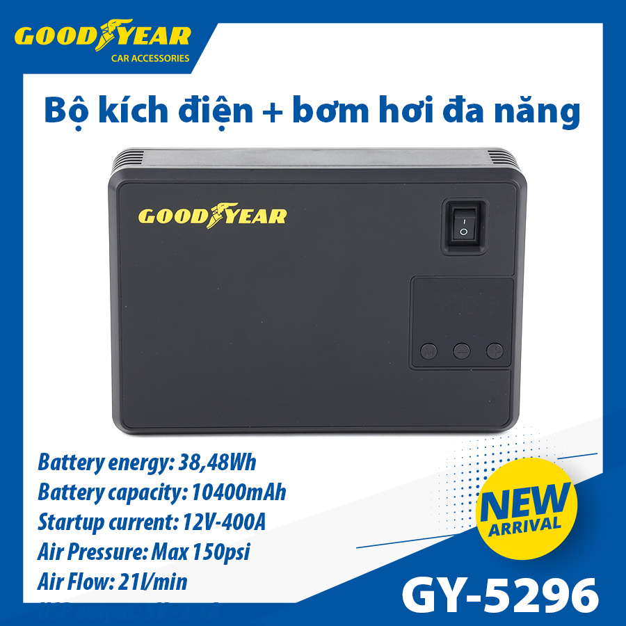 Bộ Kích Bình 400A Kiêm Bơm Lốp Xe GOODYEAR GY-5296 Đa Chức Năng Sạc Dự Phòng 10400mAh Đèn LED Khẩn Cấp - Nhập Khẩu Chính Hãng
