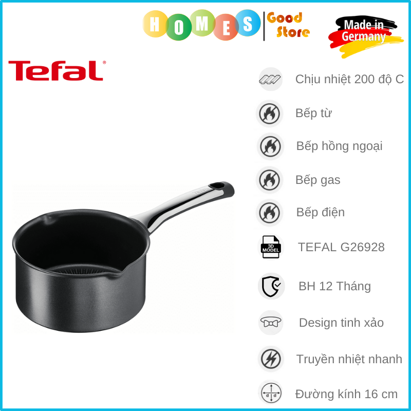 Quánh Chống Dính TEFAL G26928 Excellence Stielkasserolle, Nhập Khẩu Đức, Đường Kính 16 Cm, Sâu 11,1 Cm, Chuôi Inox - Hàng Nhập Khẩu