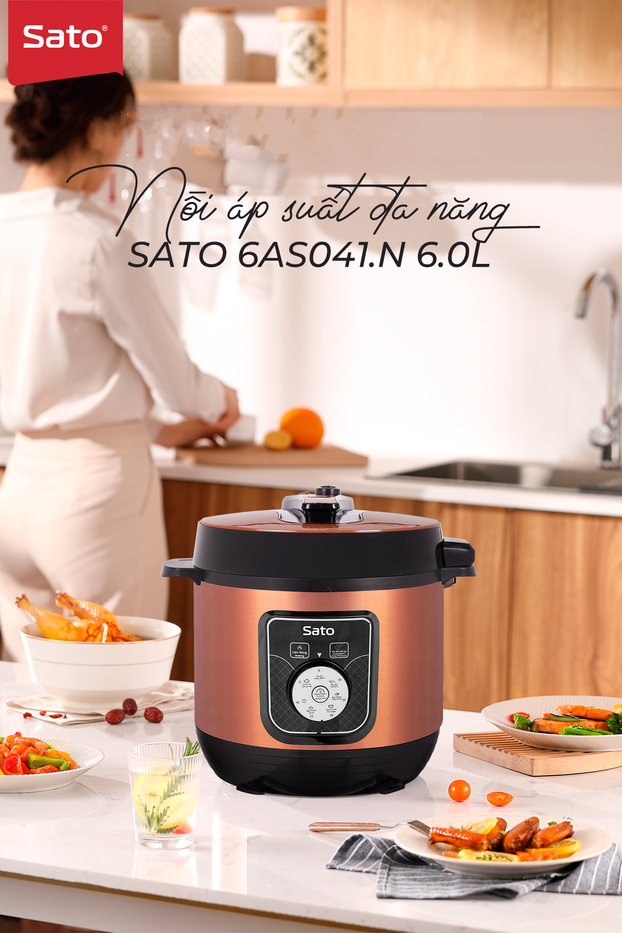 Nồi áp suất đa năng SATO 6AS041.N 6.0L - Nồi áp suất đa chức năng : nấu cơm, nấu cháo, hầm gân, ninh, súp, hấp, giữ ấm ... Dung tích : 6.0 lít phù hợp gia đình 4 - 6 người - Miễn phí vận chuyển toàn quốc - Hàng chính hãng