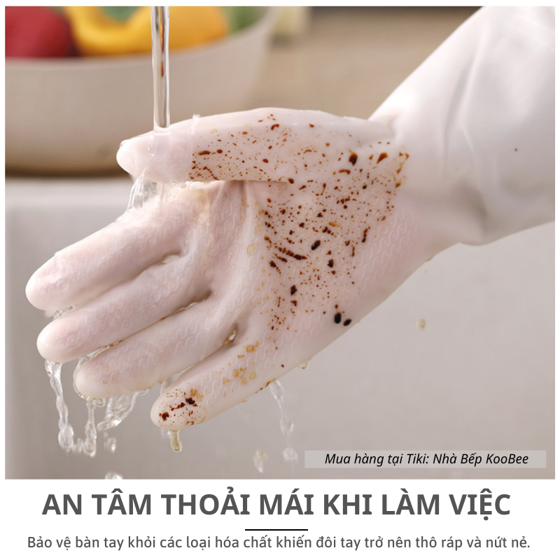 Găng tay cao su lót bông nỉ loại dài - Găng tay rửa bát làm bếp siêu dai không mùi KooBee