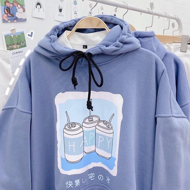 ÁO HOODIE THUN NỈ TAY PHỒNG IN HÌNH LON NƯỚC HAPPY MÀU XANH, PHONG CÁCH HÀN QUỐC ĐÁNG YÊU