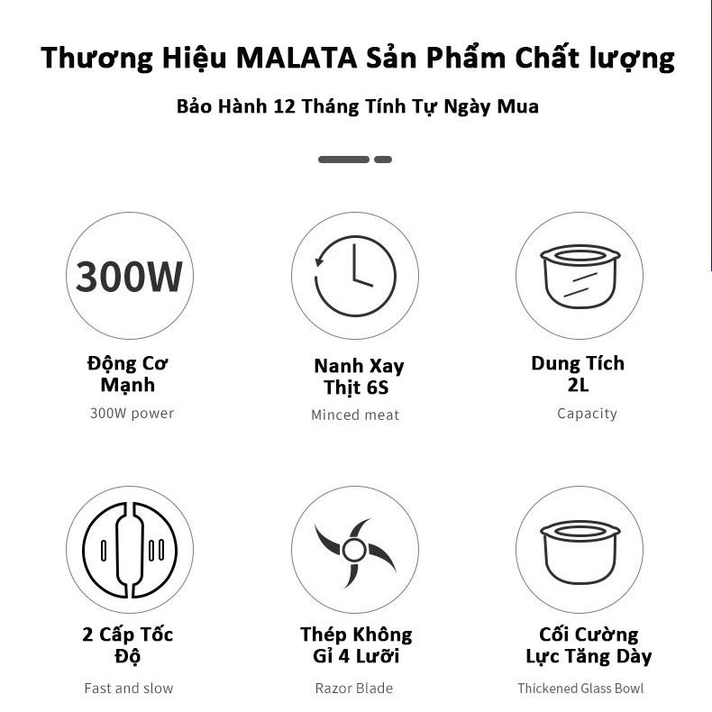 Máy xay thịt MALATA 2L công suất 300W CỐI THỦY TINH CƯỜNG LỰC- Hàng Chính Hãng BH 12 Tháng