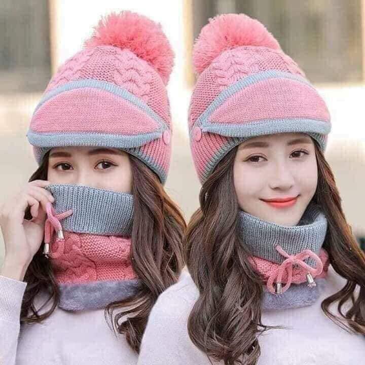 SET KHĂN MŨ LEN QUẢ BÔNG SIÊU DÀY ẤM CHO NỮ