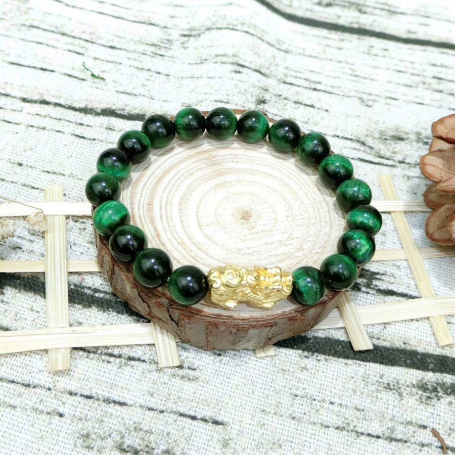 Vòng Tay Phong Thủy Mắt Hổ  Xanh Lá  Tỳ Hưu Mạ Vàng 24 K - Tăng Vượng Khí - Chiêu Tài Bốn Phương - Hợp Mệnh Mộc , Hỏa